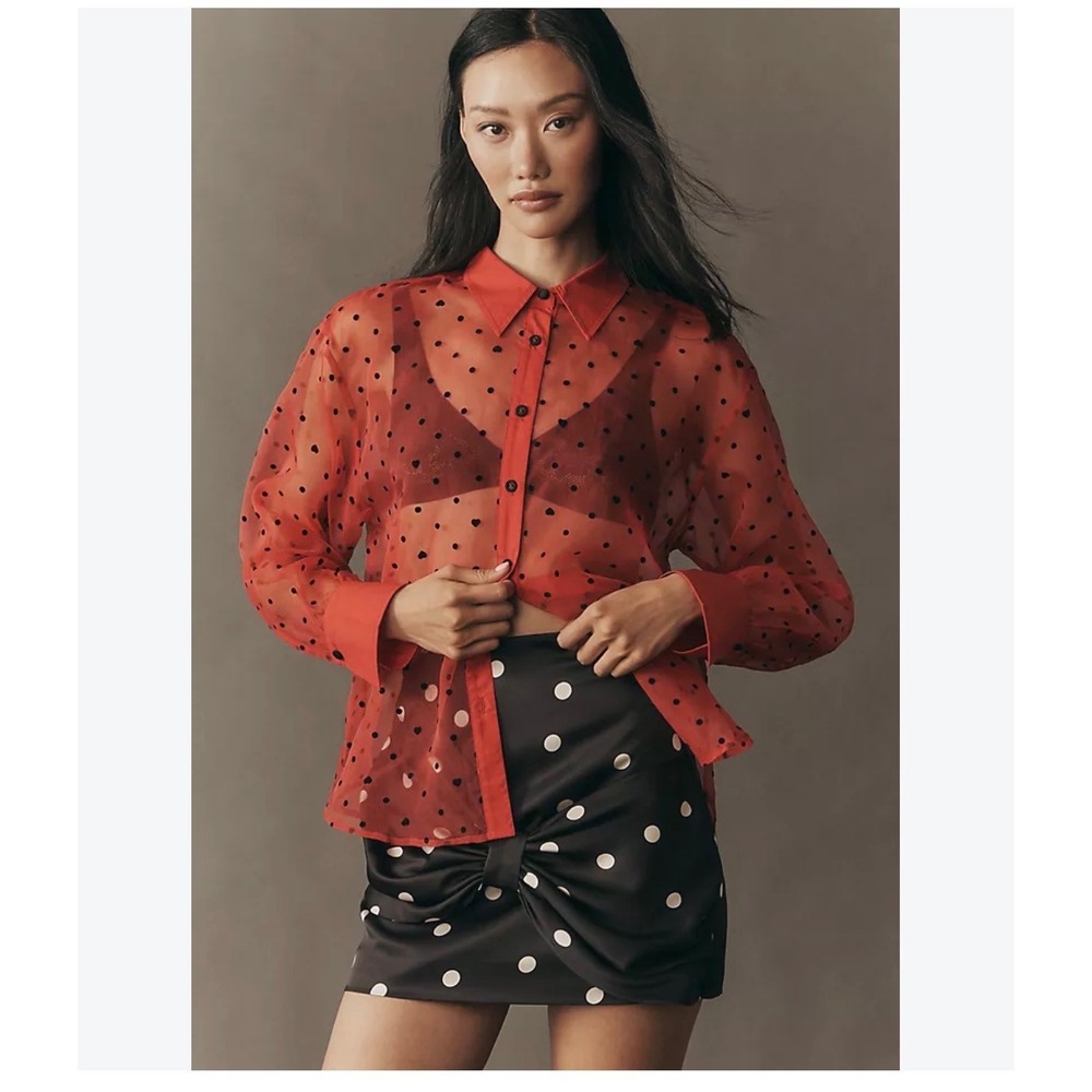 Anthropologie Maeve Red Sheer Organza Polka Dot Long Sleeve Button Down Shirt L